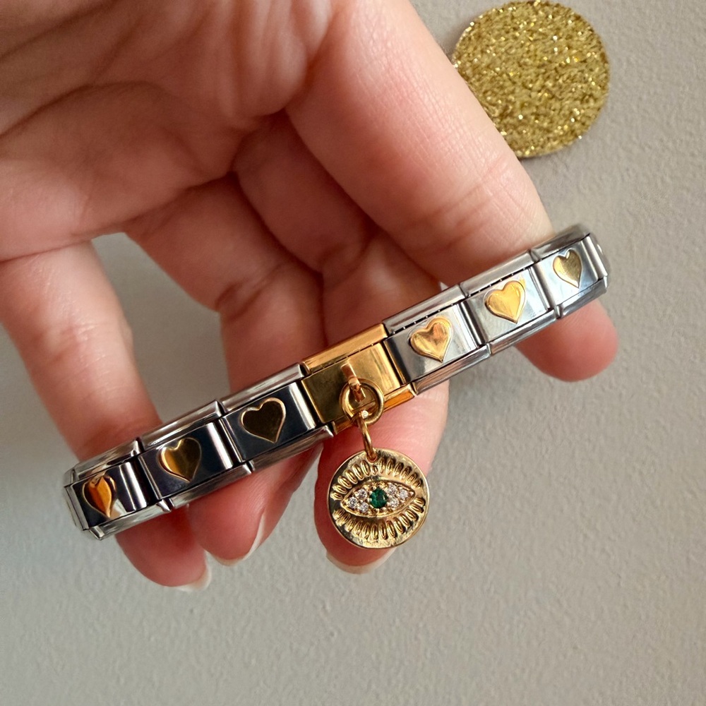 Gold tone Heart Italian Charm Bracelet with Evil Eye Dangle